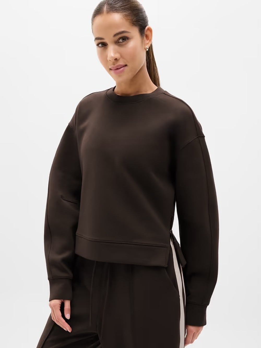 Athleta Truffle Brown Crewneck Sweatshirt with Side Zip Accents
